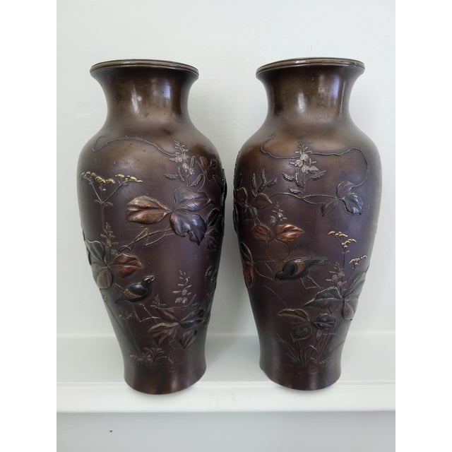 Metal Antique Japanese Meiji Bronze and Mixed-Metal Vases, 1890s, Set of 2 For Sale - Image 7 of 7