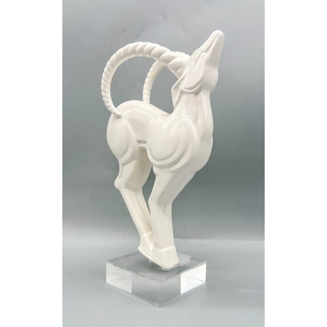 Vintage Fitz and Floyd White Ceramic Ram on Lucite – Art Deco Style Sculpture For Sale - Image 11 of 11