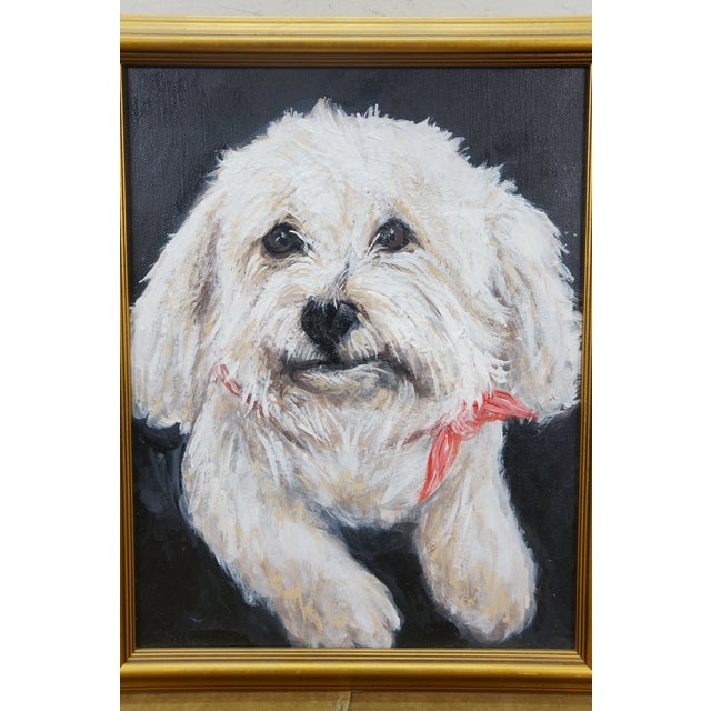 White Vintage Maltese White Dog Portrait Oil Painting on Canvas For Sale - Image 8 of 10