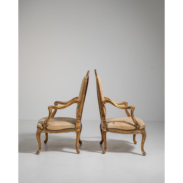 French Pair of Louis XV Giltwood Armchairs with Tapestry Upholstery, Rococo Style, France, 19th Century For Sale - Image 3 of 12