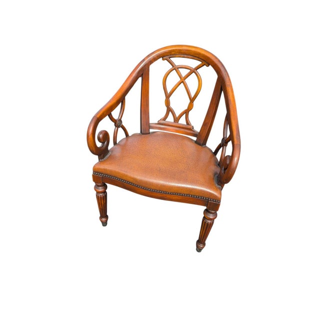 Wood Late 20th Century Pair of Traditional Walnut Leather Upholstered Armchairs With Cabriole Scroll Arms For Sale - Image 7 of 10