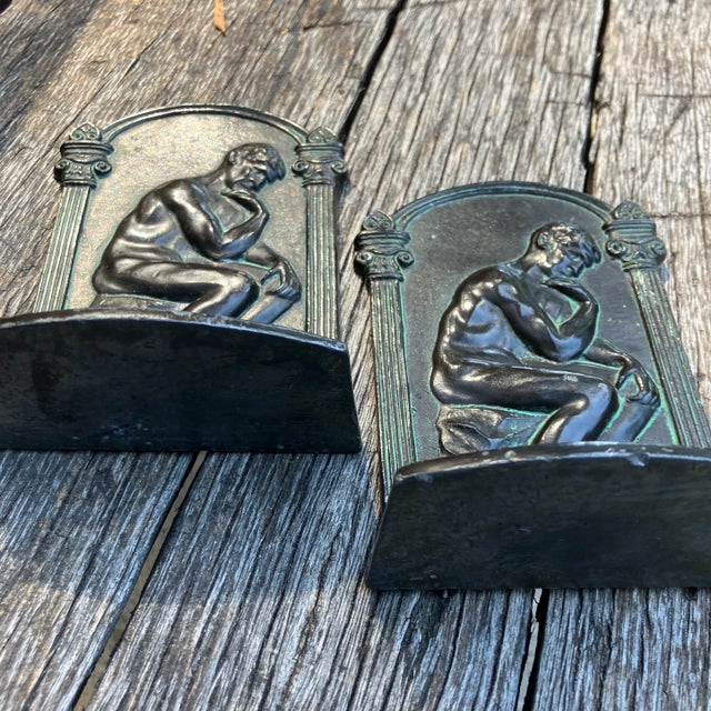 1950’s Bronzed Finished Steel Bookends “The Thinker” a Pair For Sale - Image 4 of 5