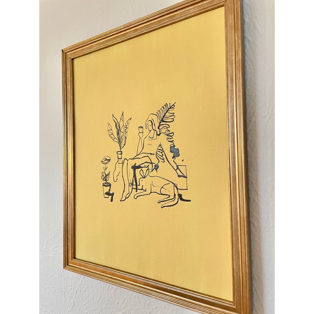 2020s Original Yellow Ink Painting of a Woman Reclining With Cat by Max and Alma For Sale - Image 5 of 7