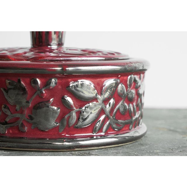 Boch Frères Keramis Pink Lidded Bowl with Silver Glazed Flowers and Butterflies, 1920s For Sale - Image 9 of 12