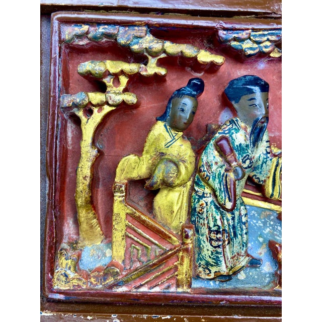 Rare Set of 3 Antique Chinese Gilt Wood Carved Panels | Qing Dynasty Chinoiserie Wall Art For Sale - Image 15 of 17