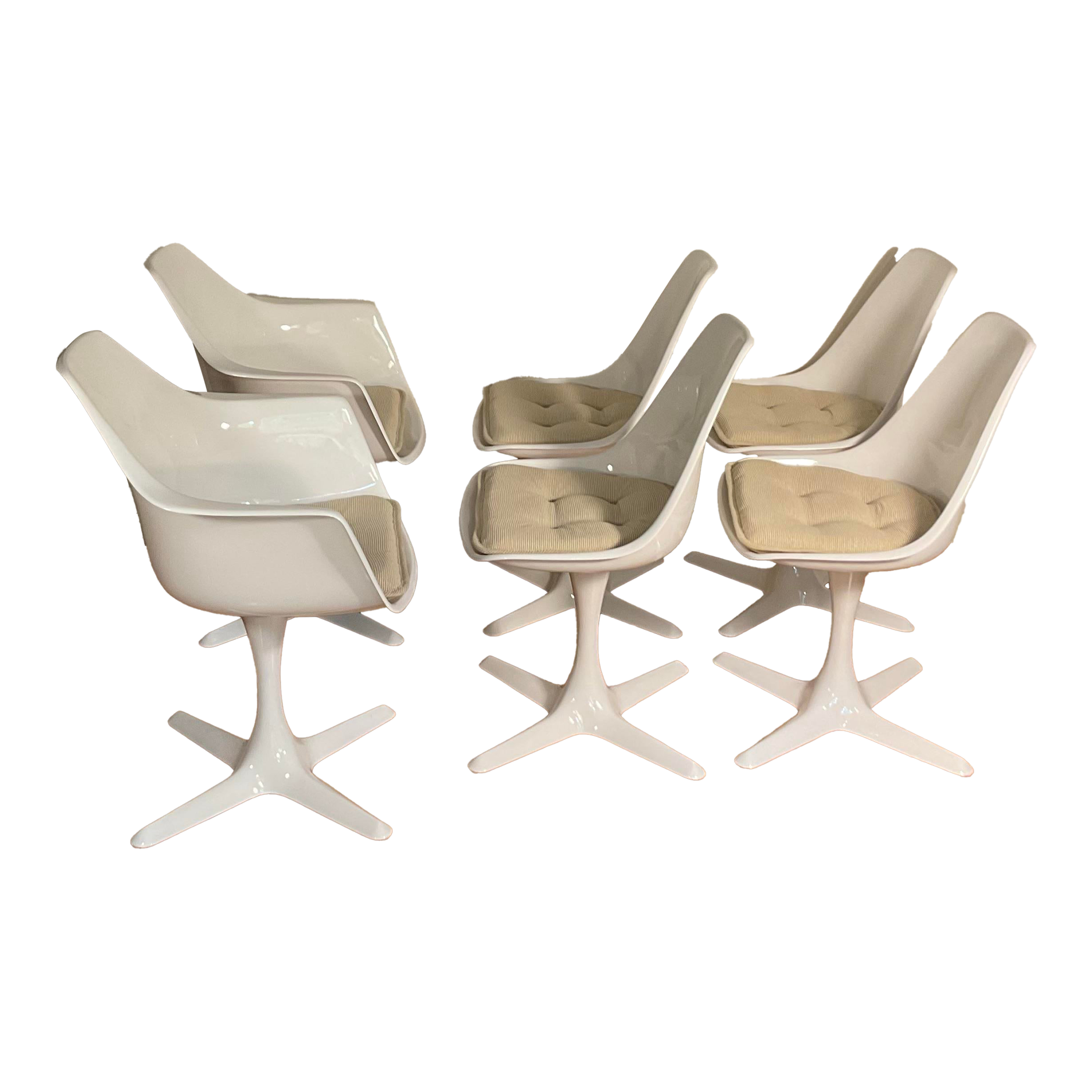 Six 1960s White Maurice Burke Swivel Fiberglass Tulip Dining