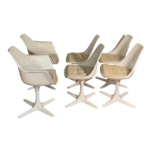 Six 1960s White Maurice Burke Swivel Fiberglass Tulip Dining Chairs, Fully Restored