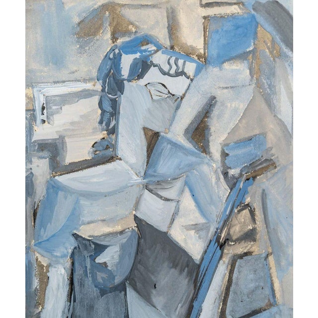 Oil on paper cubist blue colour, woman with a mandolin, XX century. Measures: H: 31.5, W: 24 cm.
