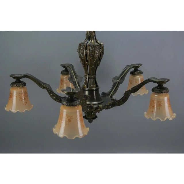 Art Deco Five-Light Bronze and Glass Floral Motif Chandelier, 1920s For Sale - Image 11 of 18