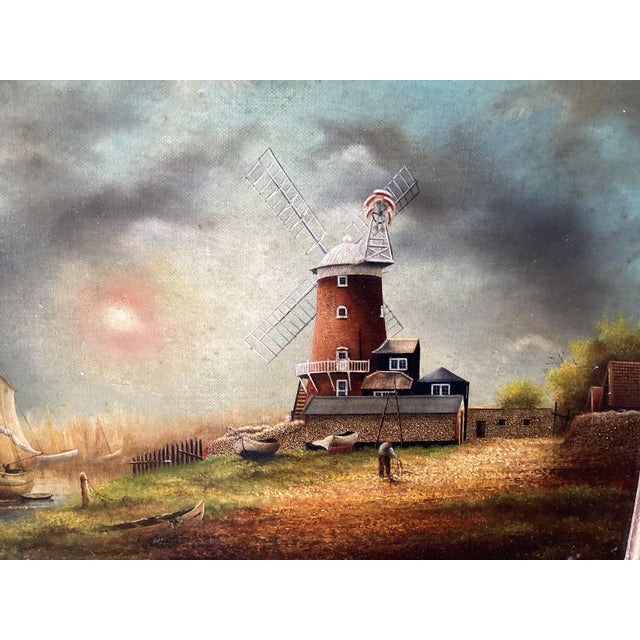 Charming Dutch School, Oil Painting On Board COastal Scene with Windmill For Sale In Philadelphia - Image 6 of 7