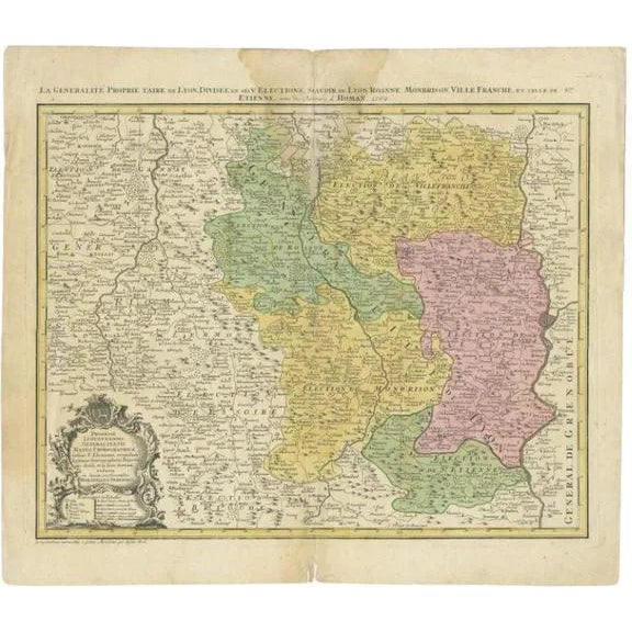 Antique Map of the Beaujolais Region by Homann Heirs, 1762 For Sale