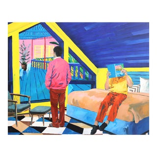 Strangers in Blue Veranda - Surrealist Mixed Media on Canvas Original Artwork by Iqi Qoror For Sale