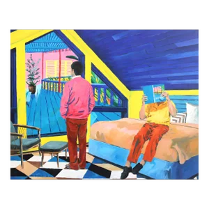 Strangers in Blue Veranda - Surrealist Mixed Media on Canvas Original Artwork by Iqi Qoror