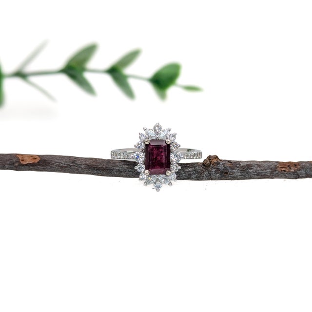 Art Deco Engagement Ruby Ring W Earth Mined Diamonds in Solid 14k White Gold | Em 7x5mm, Size 6.75 For Sale - Image 3 of 6