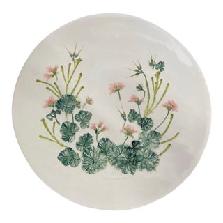 Vintage Botanical Pelargonium Relief Ceramic Platter – Hand-Painted 3d Floral Wall Plate For Sale
