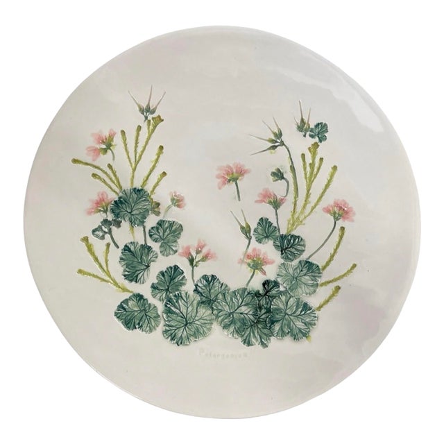 Vintage Botanical Pelargonium Relief Ceramic Platter – Hand-Painted 3d Floral Wall Plate For Sale