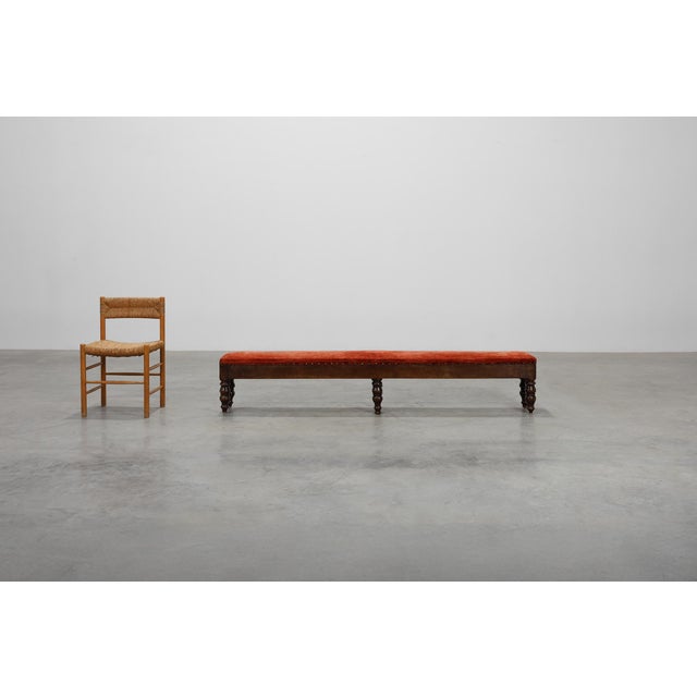 Rustic Large Antique French Oak Bench with Velvet Upholstery, 1700s For Sale - Image 3 of 11