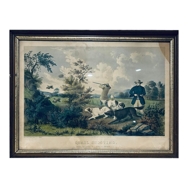Original 1852 N. Currier "Quail Shooting" Hand-Colored Lithograph by Fanny Palmer - Nice Margins- Framed For Sale