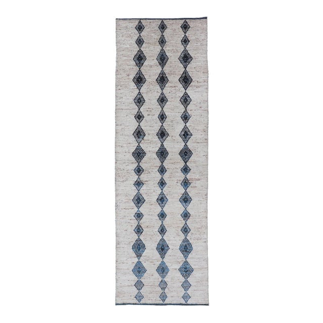 Modern Hand-Knotted Runner in Wool With Diamond Design in Blue and Ivory 3'1 X 10'1 For Sale