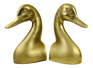 Mid 20th Century Vintage Gold Brass Duck Bird Head Bookends - a Pair