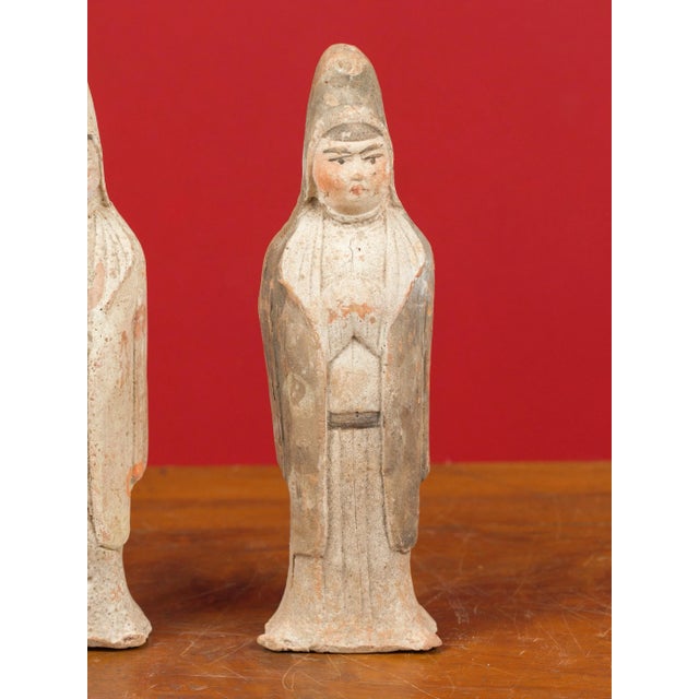 Mid 20th Century Chinese Qing Dynasty Small Hand Painted Terracotta Statues - a Pair For Sale - Image 11 of 13