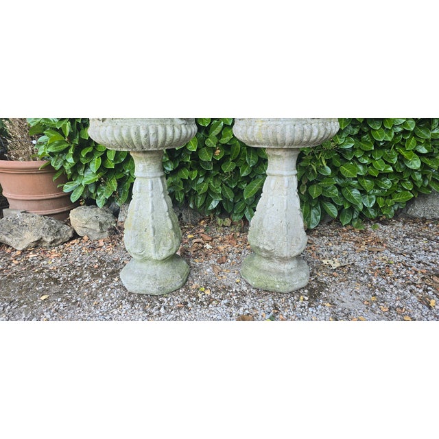 Stone Weathered Garden Urns on Plinths, 1930, Set of 2 For Sale - Image 7 of 9
