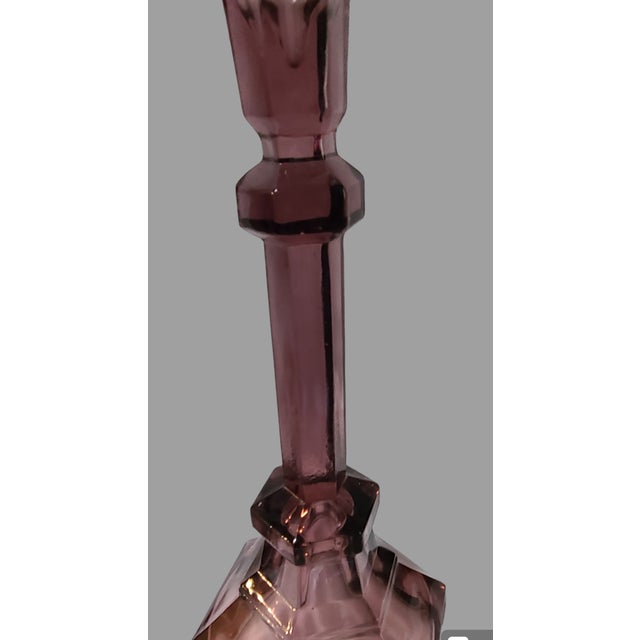 Mid-Century Modern Vintage Pair Purple Pressed Glass Candlesticks For Sale - Image 3 of 9