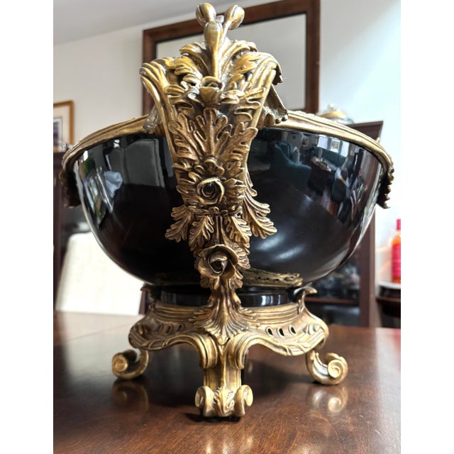 Vintage French Style Jardeniere Black Porcelain and Bronze 23”x 9” For Sale - Image 4 of 12