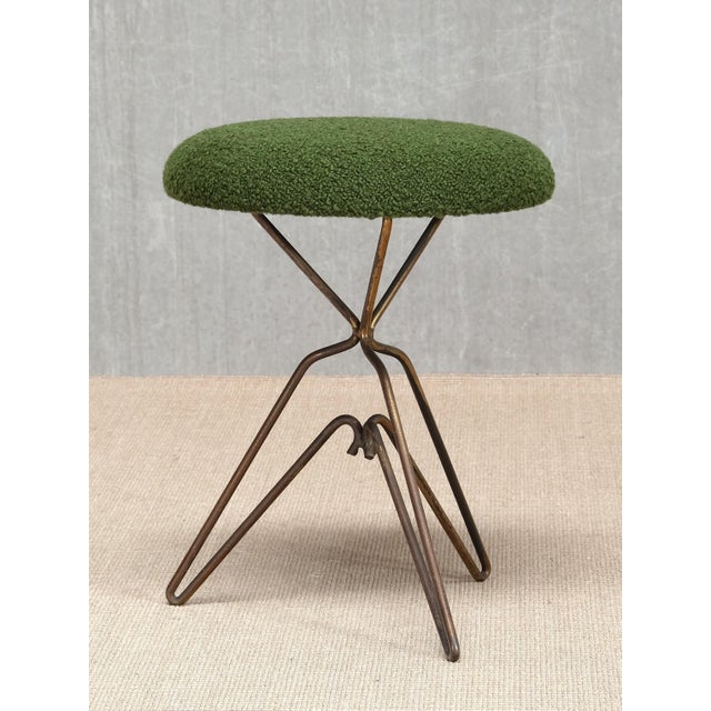 Metal Italian Modern Sculptural Tripod Brass Stools in Green Bouclé, 1950s, Set of 2 For Sale - Image 7 of 11