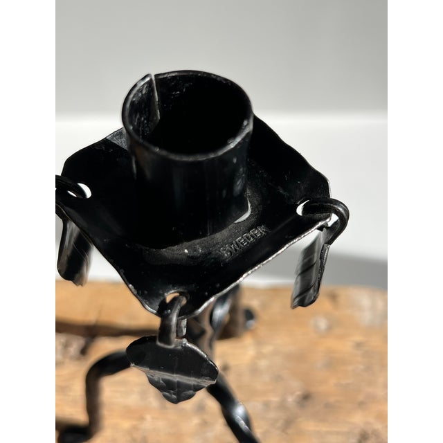 1970s Pair of Vintage Swedish Hand-Forged Iron Candle Holders – Scandinavian Twisted Leaf Design For Sale - Image 5 of 7
