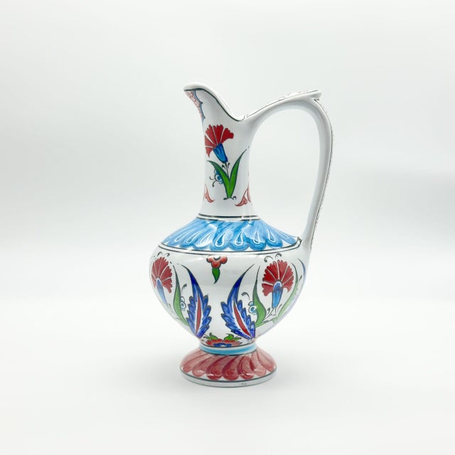 Handmade Ceramic “Aslanagzi” Ewer (20cm) Traditional Lion’s Mouth Spout – Red Tulip & Turquoise Pedestal Pitcher For Sale - Image 4 of 8