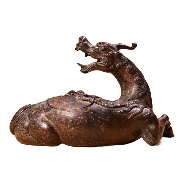 Early 20th Century Gilt Bronze Mythical Beast Figure – 6.3" Recumbent Qilin Sculpture For Sale