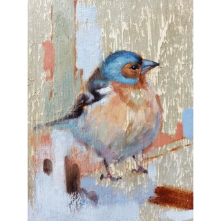 Bird 2 by Ryan Morse | Oil on antiqued panel Painting of a colorful bird on a textured background For Sale