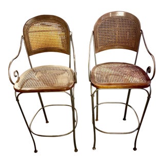 1990s Vintage Drexel Heritage Cane and Metal Bar Stools - Set of 2 For Sale