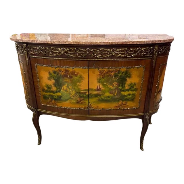 Louis XV Style French Painted Gilt Metal Mounted Vernis Martin Marble Top Bar Cabinet. Made in Spain For Sale