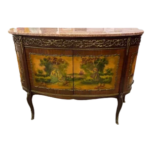 Louis XV Style French Painted Gilt Metal Mounted Vernis Martin Marble Top Bar Cabinet. Made in Spain