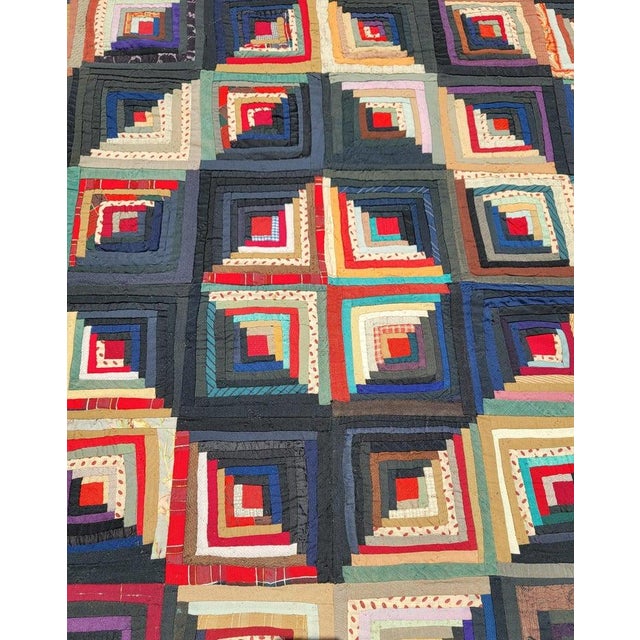 19thc Wool Log Cabin Quilt With Embroidered Borders, Lancaster County Pa For Sale - Image 4 of 12