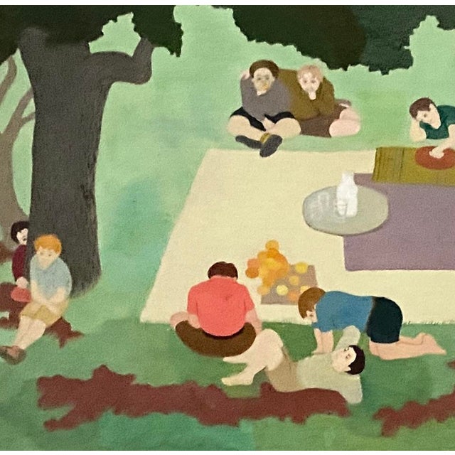 Green stained wood frame. A picnic scene painted in oil on board by NY artist Eugene Arcieri 1914-2005.