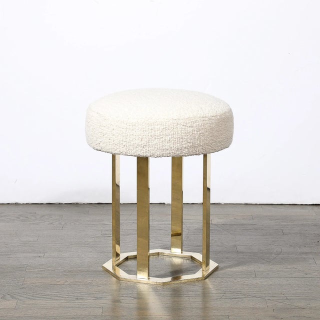 Mid-Century Modernist Octagonal Polished Brass Base Stool in Holly Hunt Boucle For Sale - Image 10 of 10