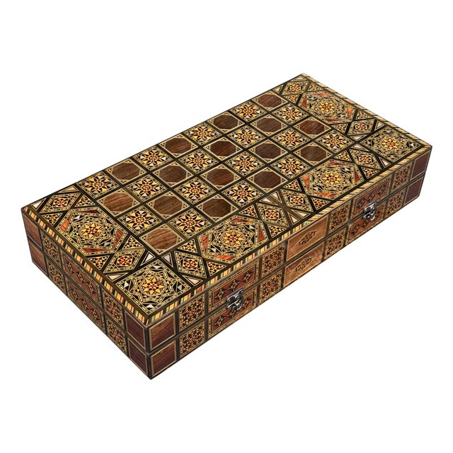 1990s Marquetry Wood Inlaid Backgammon & Chess Folding Board For Sale