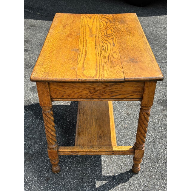 19th C. Tiger Oak One-Drawer Library Table - Twist Legs + Highly Detailed For Sale - Image 12 of 17