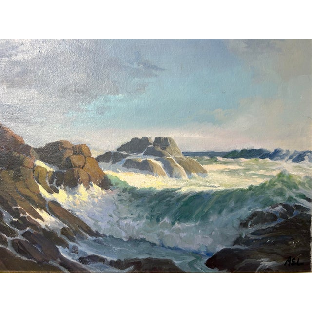 Vintage Oil Painting of a Rocky Coastal Seascape in Gold Frame For Sale - Image 4 of 6