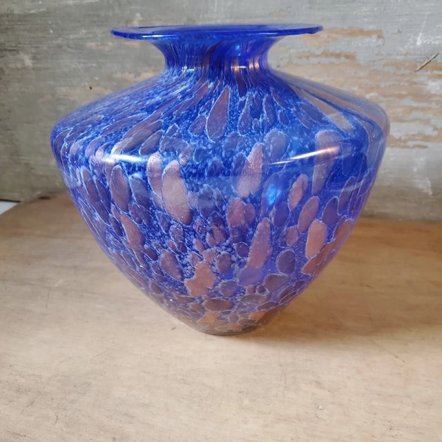 Stunning AZZURRO Italy hand blown Italian art glass vase featuring rich blue tones with shimmering copper aventurine...