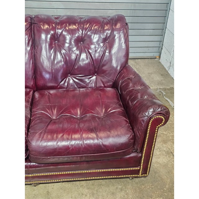 Late 20th Century Hancock & Moore Red Leather Sofa Nailhead Trim Three Cushions For Sale - Image 11 of 16