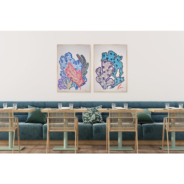 Botanical Marine, Large Blue Wall Art, Coral Bouquets, Gouache Crayon on Watercolor Paper by Romina Milano - Set of 2 For Sale - Image 4 of 10