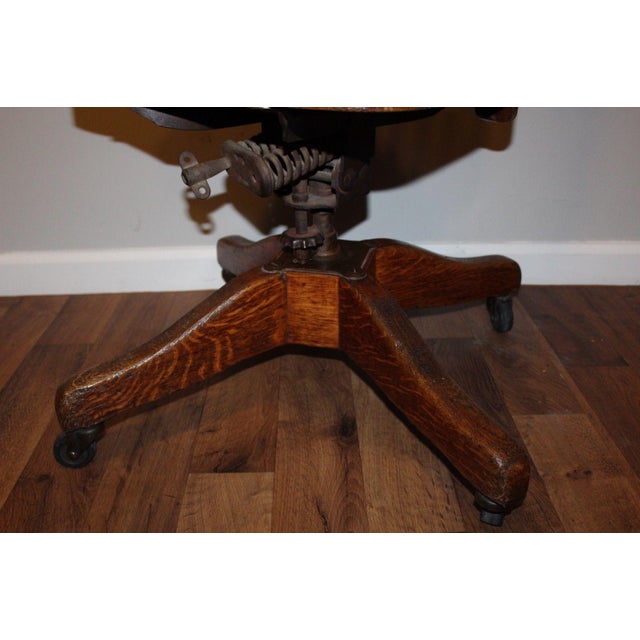 1930s Antique Marble & Shattuck Oak Wood Swivel Rolling Bankers Chair