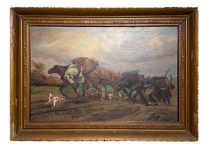 Jef Van Leemputten, Farm Horses at Work, Oil on Canvas, Framed