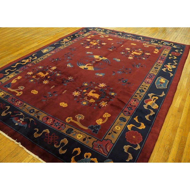 Antique 1900s Red Medallion Animals Traditional Peking Chinese Knotted Wool Rug For Sale - Image 4 of 5