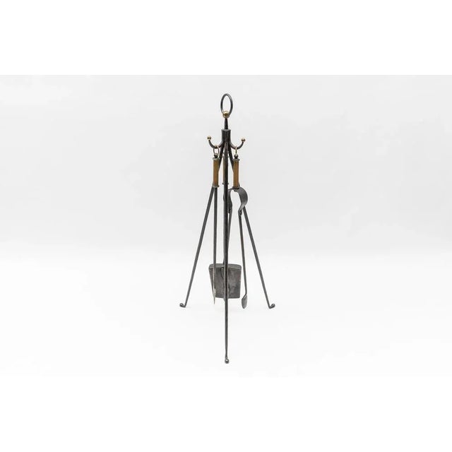 Hand Forged Iron and Brass Tripod Stand with Fireplace Tools, Austria, 1950s, Set of 4 For Sale - Image 4 of 12