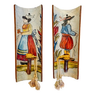 1980s French Provincial Terracotta Tile Candle Sconces With Breton Folk Figures - A Pair For Sale